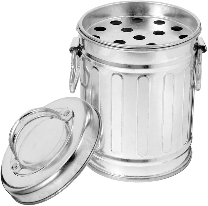 صندوق قمامة معدني صغير مطل بالزنك مع غطاء، منفضة سجائر بدون دخان للمكتب - Image 1